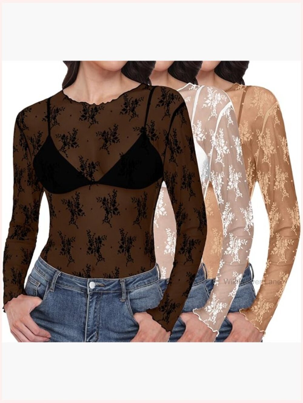 Lace Top Long Sleeve Sheer Blouse Mock Neck Floral Mesh Sexy Top